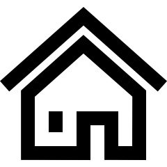 Icon eines Hauses von vorn, weiße Linien auf orangenem Hintergrund